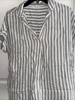 Sage and White Vertical Stripe Vneck Shirt Blouse